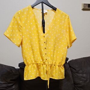 LOFT Yellow Polka Dot Button-Front Peplum Blouse